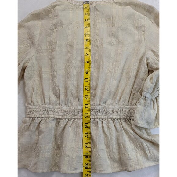 NEW Express Top Womens XS Beige Peasant Seersucker Rouched Smocked Boho Peplum - Picture 10 of 13
